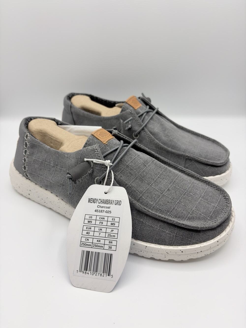 Hey Dude Wendy Chambray Grid Loafers Shoes Slip-On 45187-025 Charcoal NWT Sz 9